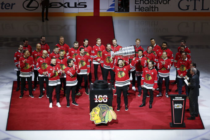 Jan 17, 2026; Chicago, Illinois, USA; Members of the 2010, 2013 and 2015 Chicago Blackhawks Stanley Cup Champions being honored before an NHL hockey game between the Chicago Blackhawks and Boston Bruins at United Center. Mandatory Credit: Kamil Krzaczynski-Imagn Images