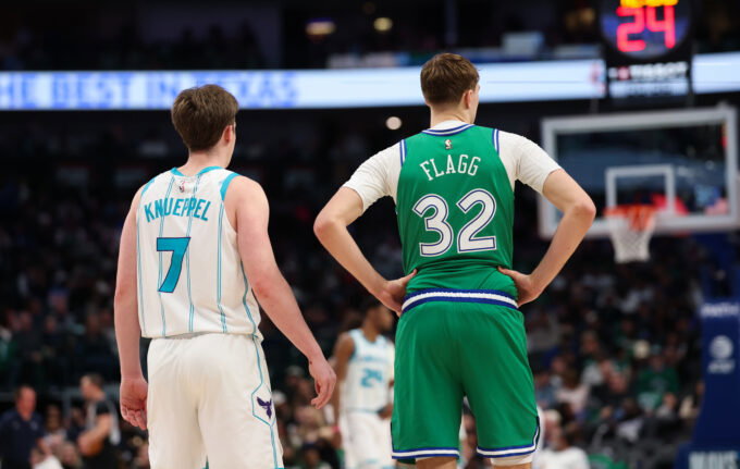 Jan 29, 2026; Dallas, Texas, USA; Charlotte Hornets guard Kon Knueppel (7) stands with Dallas Mavericks forward Cooper Flagg (32) during the second half at American Airlines Center. Mandatory Credit: Kevin Jairaj-Imagn Images