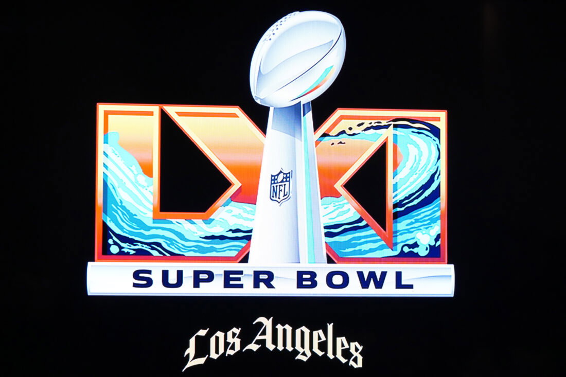 Feb 9, 2026; San Francisco, CA, USA; The Super Bowl 61 (LXI) logo at the Super Bowl LX host committee handoff press conference at Moscone Center. Mandatory Credit: Kirby Lee-Imagn Images