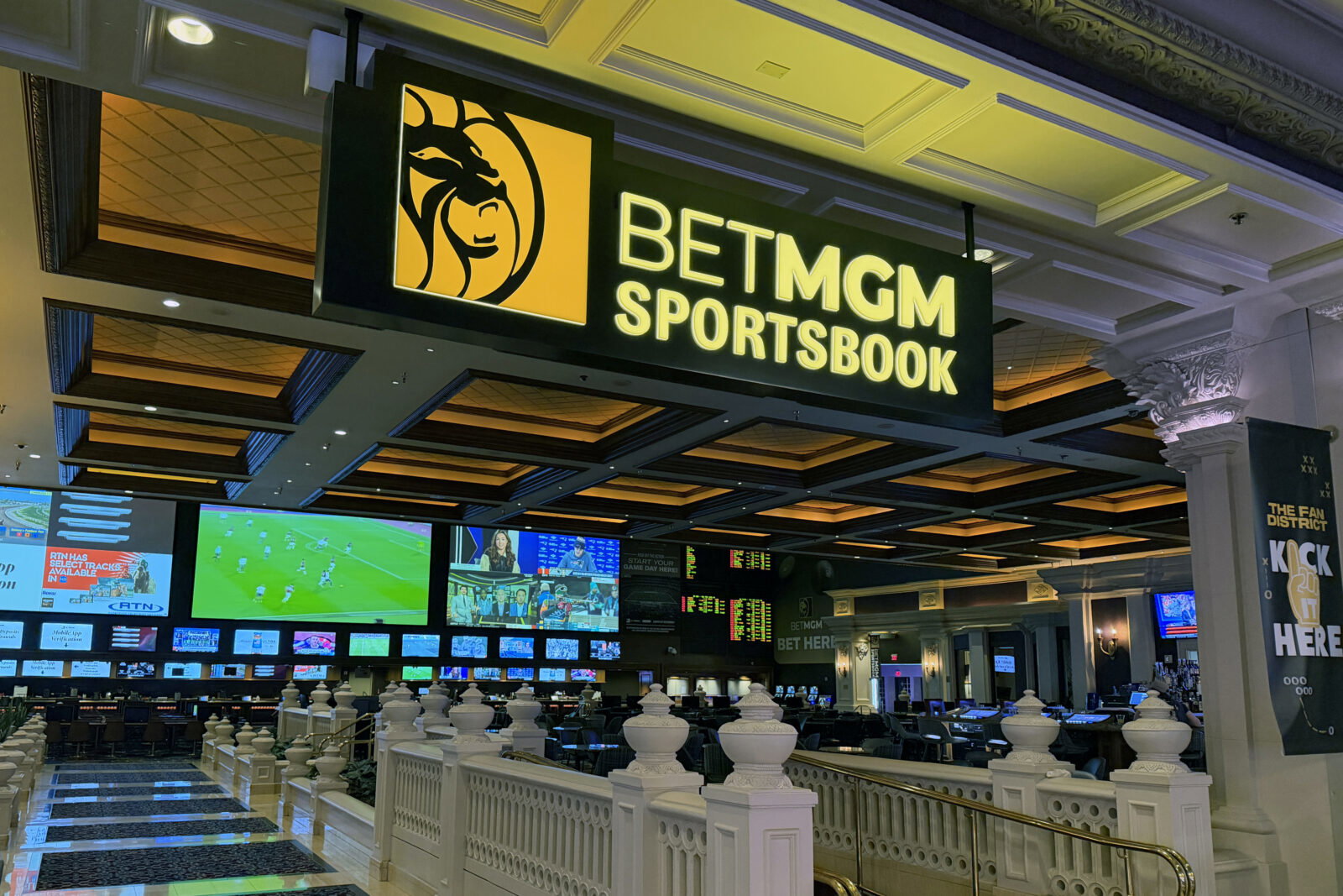 Feb 10, 2026; Las Vegas, NV, USA; Gambling odds are displayed at the BetMGM Sportsbook at the Mandalay Bay Resort and Casino. Mandatory Credit: Kirby Lee-Imagn Images