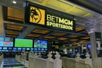 Feb 10, 2026; Las Vegas, NV, USA; Gambling odds are displayed at the BetMGM Sportsbook at the Mandalay Bay Resort and Casino. Mandatory Credit: Kirby Lee-Imagn Images