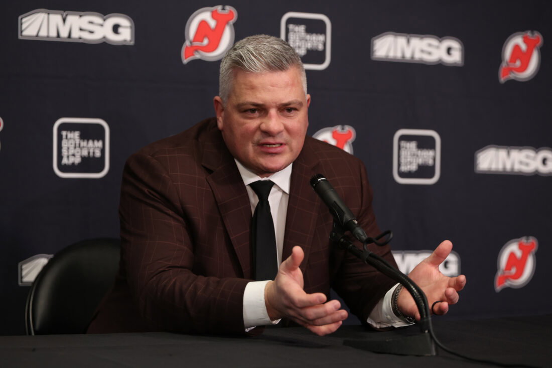 Feb 25, 2026; Newark, New Jersey, USA; New Jersey Devils head coach Sheldon Keefe speaks to media after the game against the Buffalo Sabres at Prudential Center. Mandatory Credit: Ed Mulholland-Imagn Images