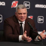 Feb 25, 2026; Newark, New Jersey, USA; New Jersey Devils head coach Sheldon Keefe speaks to media after the game against the Buffalo Sabres at Prudential Center. Mandatory Credit: Ed Mulholland-Imagn Images