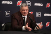 Feb 25, 2026; Newark, New Jersey, USA; New Jersey Devils head coach Sheldon Keefe speaks to media after the game against the Buffalo Sabres at Prudential Center. Mandatory Credit: Ed Mulholland-Imagn Images