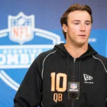 Feb 27, 2026; Indianapolis, IN, USA; Clemson quarterback Cade Klubnik (QB10) speaks to members of the media during the NFL Combine at the Indiana Convention Center. Mandatory Credit: Jacob Musselman-Imagn Images