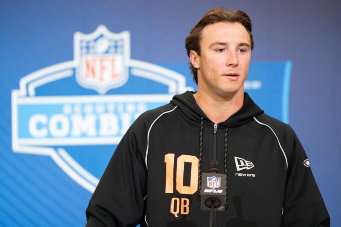 Feb 27, 2026; Indianapolis, IN, USA; Clemson quarterback Cade Klubnik (QB10) speaks to members of the media during the NFL Combine at the Indiana Convention Center. Mandatory Credit: Jacob Musselman-Imagn Images
