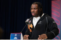 Feb 27, 2026; Indianapolis, IN, USA; Washington running back Jonah Coleman (RB04) speaks to members of the media during the NFL Combine at the Indiana Convention Center. Mandatory Credit: Jacob Musselman-Imagn Images