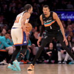 Mar 1, 2026; New York, New York, USA; San Antonio Spurs forward Victor Wembanyama (1) defends New York Knicks guard Jalen Brunson (11) during the third quarter at Madison Square Garden. Mandatory Credit: Brad Penner-Imagn Images