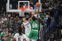 Mar 10, 2026; San Antonio, Texas, USA; San Antonio Spurs forward Victor Wembanyama (1) blocks a shot against Boston Celtics center Neemias Queta (88) in the first half at Frost Bank Center. Mandatory Credit: