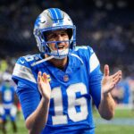 Detroit Lions quarterback Jared Goff claps during warmups ahead of the Cleveland Browns game at Ford Field in Detroit on Sunday, Sept. 28, 2025.