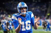Detroit Lions quarterback Jared Goff claps during warmups ahead of the Cleveland Browns game at Ford Field in Detroit on Sunday, Sept. 28, 2025.
