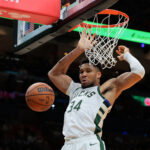 Mar 12, 2026; Miami, Florida, USA; Milwaukee Bucks forward Giannis Antetokounmpo (34) dunks against the Miami Heat during the second quarter at Kaseya Center. Mandatory Credit: Sam Navarro-Imagn Images