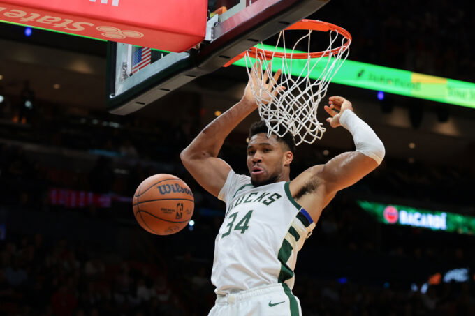 Mar 12, 2026; Miami, Florida, USA; Milwaukee Bucks forward Giannis Antetokounmpo (34) dunks against the Miami Heat during the second quarter at Kaseya Center. Mandatory Credit: Sam Navarro-Imagn Images