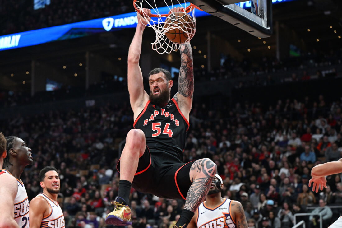 Mar 13, 2026; Toronto, Ontario, CAN; Toronto Raptors center Sandro Mamukelashvili (54) dunks the ball for a basket against the Phoenix Suns in the second half at Scotiabank Arena. Mandatory Credit: Dan Hamilton-Imagn Images