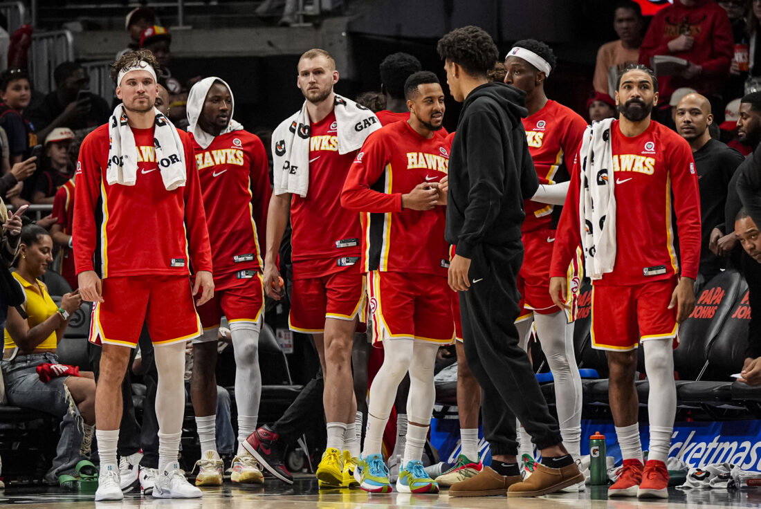 Mar 23, 2026; Atlanta, Georgia, USA; The Atlanta Hawks bench reacts after defeating the Memphis Grizzlies at State Farm Arena. Mandatory Credit: Dale Zanine-Imagn Images