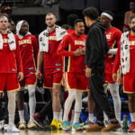 Mar 23, 2026; Atlanta, Georgia, USA; The Atlanta Hawks bench reacts after defeating the Memphis Grizzlies at State Farm Arena. Mandatory Credit: Dale Zanine-Imagn Images