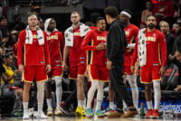 Mar 23, 2026; Atlanta, Georgia, USA; The Atlanta Hawks bench reacts after defeating the Memphis Grizzlies at State Farm Arena. Mandatory Credit: Dale Zanine-Imagn Images