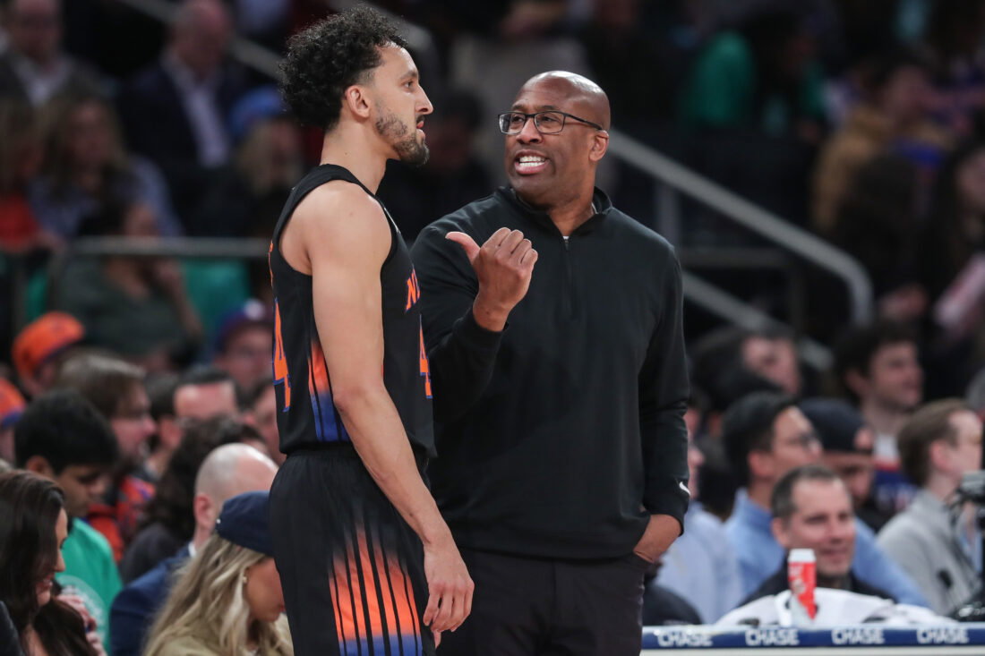Mar 17, 2026; New York, New York, USA; New York Knicks head coach Mike Brown and guard Landry Shamet (44) at Madison Square Garden. Mandatory Credit: Wendell Cruz-Imagn Images