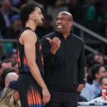 Mar 17, 2026; New York, New York, USA; New York Knicks head coach Mike Brown and guard Landry Shamet (44) at Madison Square Garden. Mandatory Credit: Wendell Cruz-Imagn Images
