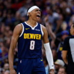 Mar 25, 2026; Denver, Colorado, USA; Denver Nuggets guard Peyton Watson (8) reacts after a play in the fourth quarter against the Dallas Mavericks at Ball Arena. Mandatory Credit: Isaiah J. Downing-Imagn Images