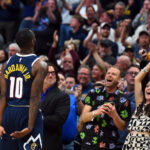 Mar 27, 2026; Denver, Colorado, USA; Denver Nuggets guard Tim Hardaway Jr. (10) celebrates to the crowd in the closing seconds of a win against the Utah Jazz at Ball Arena. Mandatory Credit: Christopher Hanewinckel-Imagn Images