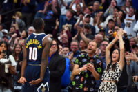 Mar 27, 2026; Denver, Colorado, USA; Denver Nuggets guard Tim Hardaway Jr. (10) celebrates to the crowd in the closing seconds of a win against the Utah Jazz at Ball Arena. Mandatory Credit: Christopher Hanewinckel-Imagn Images