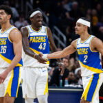 Mar 29, 2026; Indianapolis, Indiana, USA; Indiana Pacers guard Andrew Nembhard (2) celebrates with forward Pascal Siakam (43) a made shot in the second half against the Miami Heat at Gainbridge Fieldhouse. Mandatory Credit: Trevor Ruszkowski-Imagn Images