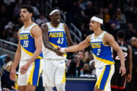 Mar 29, 2026; Indianapolis, Indiana, USA; Indiana Pacers guard Andrew Nembhard (2) celebrates with forward Pascal Siakam (43) a made shot in the second half against the Miami Heat at Gainbridge Fieldhouse. Mandatory Credit: Trevor Ruszkowski-Imagn Images