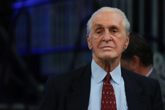 Apr 1, 2026; Miami, Florida, USA; Miami Heat president Pat Riley looks on after the game against the Boston Celtics at Kaseya Center. Mandatory Credit: Sam Navarro-Imagn Images