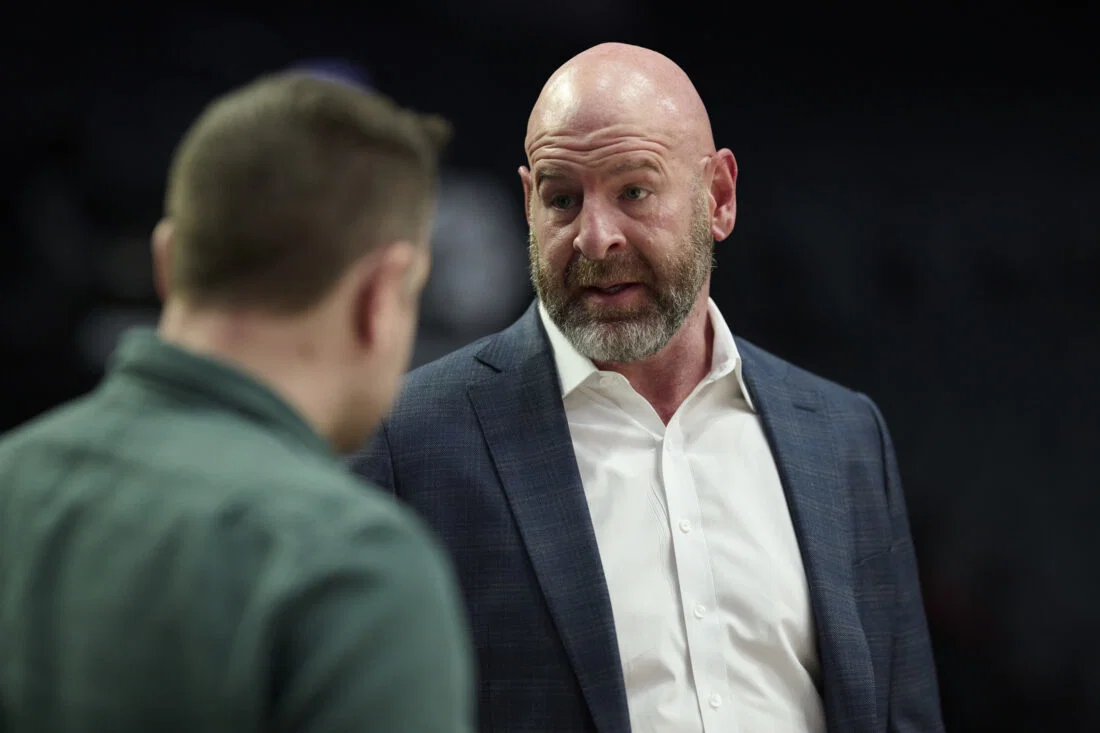 Apr 2, 2026; Portland, Oregon, USA; Portland Trail Blazers GM Joe Cronin visits courtside before a game between the Portland Trail Blazers and the New Orleans Pelicans at Moda Center. Mandatory Credit: Troy Wayrynen-Imagn Images