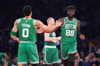 Apr 9, 2026; New York, New York, USA; Boston Celtics forward Jayson Tatum (0) high fives Boston Celtics center Neemias Queta (88) during the first half against the New York Knicks at Madison Square Garden. Mandatory Credit: