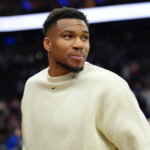 Apr 12, 2026; Philadelphia, Pennsylvania, USA; Milwaukee Bucks forward Giannis Antetokounmpo looks on after the game against the Philadelphia 76ers at Xfinity Mobile Arena. Mandatory Credit: Kyle Ross-Imagn Images