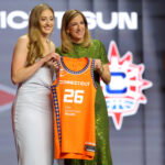 Apr 13, 2026; New York, NY, USA; WNBA Commissioner Cathy Engelbert (right) poses for photos with Gianna Kneepkens who was selected fifteenth overall by the Connecticut Sun during the 2026 WNBA Draft at The Shed at Hudson Yards. Mandatory Credit: