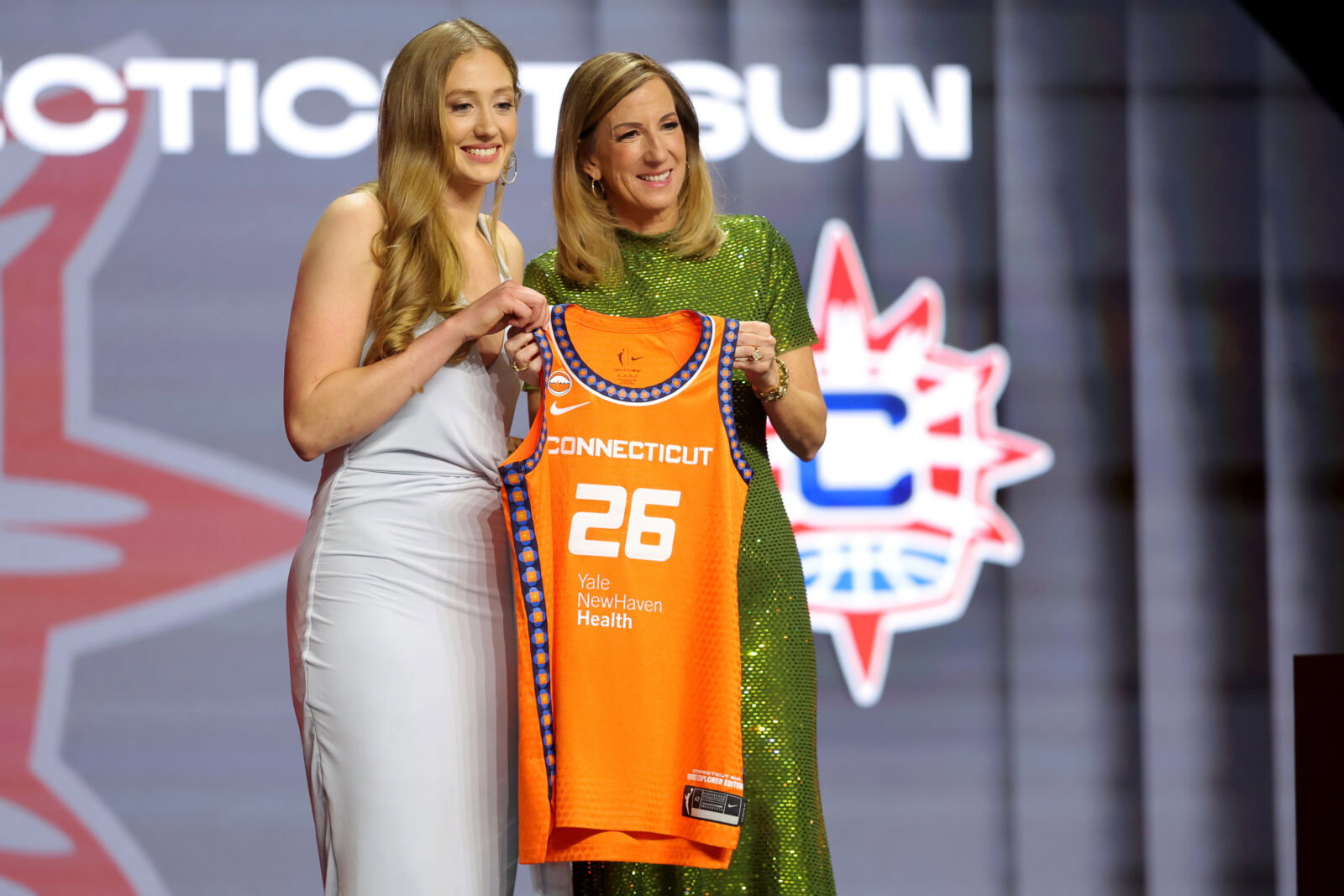 Apr 13, 2026; New York, NY, USA; WNBA Commissioner Cathy Engelbert (right) poses for photos with Gianna Kneepkens who was selected fifteenth overall by the Connecticut Sun during the 2026 WNBA Draft at The Shed at Hudson Yards. Mandatory Credit: