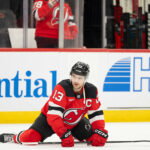 Apr 9, 2026; Newark, New Jersey, USA; New Jersey Devils center Nico Hischier (13) before the game against against the Pittsburgh Penguins at Prudential Center. Mandatory Credit: Luther Schlaifer-Imagn Images