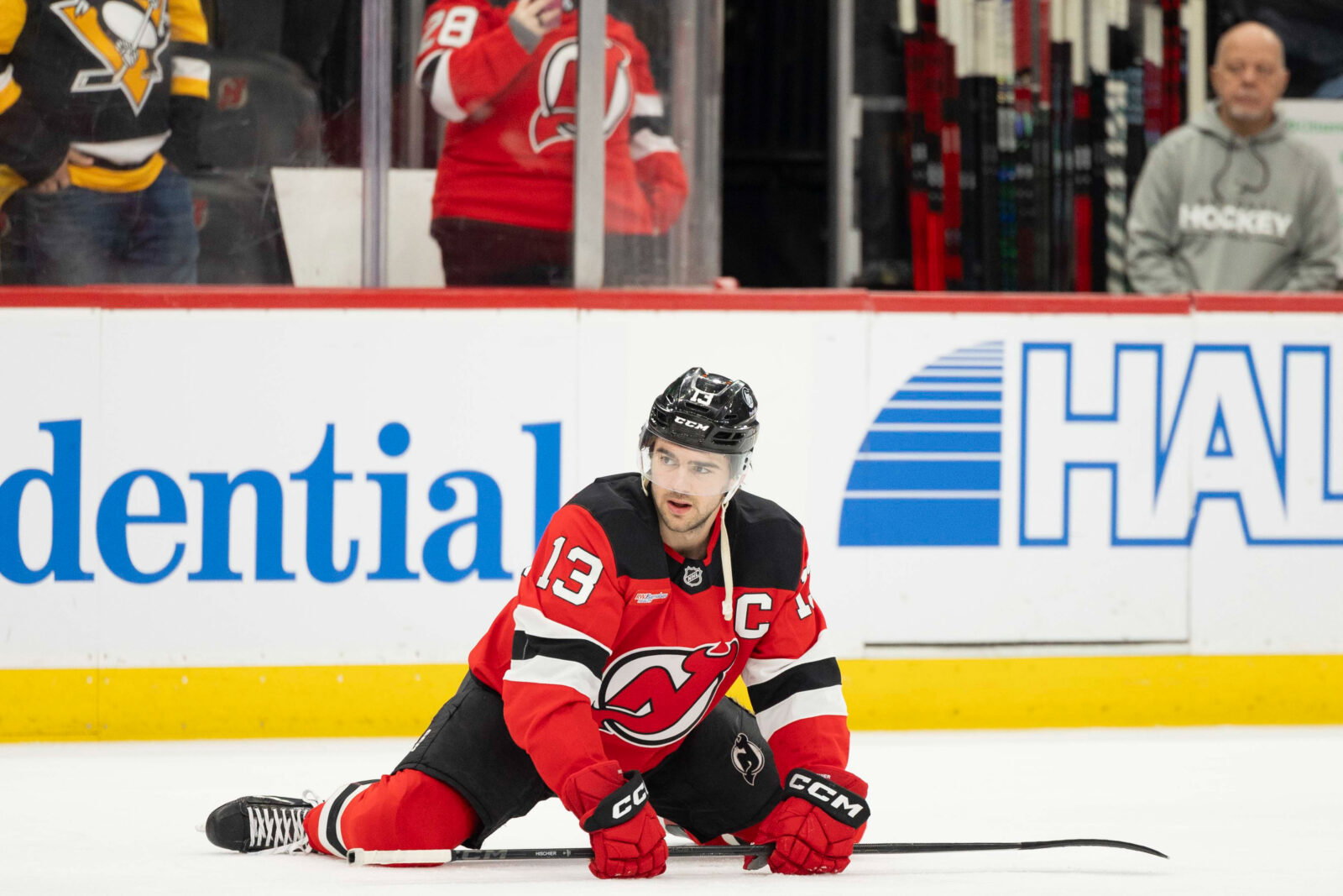 Apr 9, 2026; Newark, New Jersey, USA; New Jersey Devils center Nico Hischier (13) before the game against against the Pittsburgh Penguins at Prudential Center. Mandatory Credit: Luther Schlaifer-Imagn Images