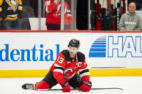Apr 9, 2026; Newark, New Jersey, USA; New Jersey Devils center Nico Hischier (13) before the game against against the Pittsburgh Penguins at Prudential Center. Mandatory Credit: Luther Schlaifer-Imagn Images