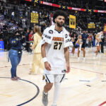 Apr 18, 2026; Denver, Colorado, USA; Denver Nuggets guard Jamal Murray (27) walks off the court after a win against the Minnesota Timberwolves in game one of the first round of the 2026 NBA Playoffs at Ball Arena.