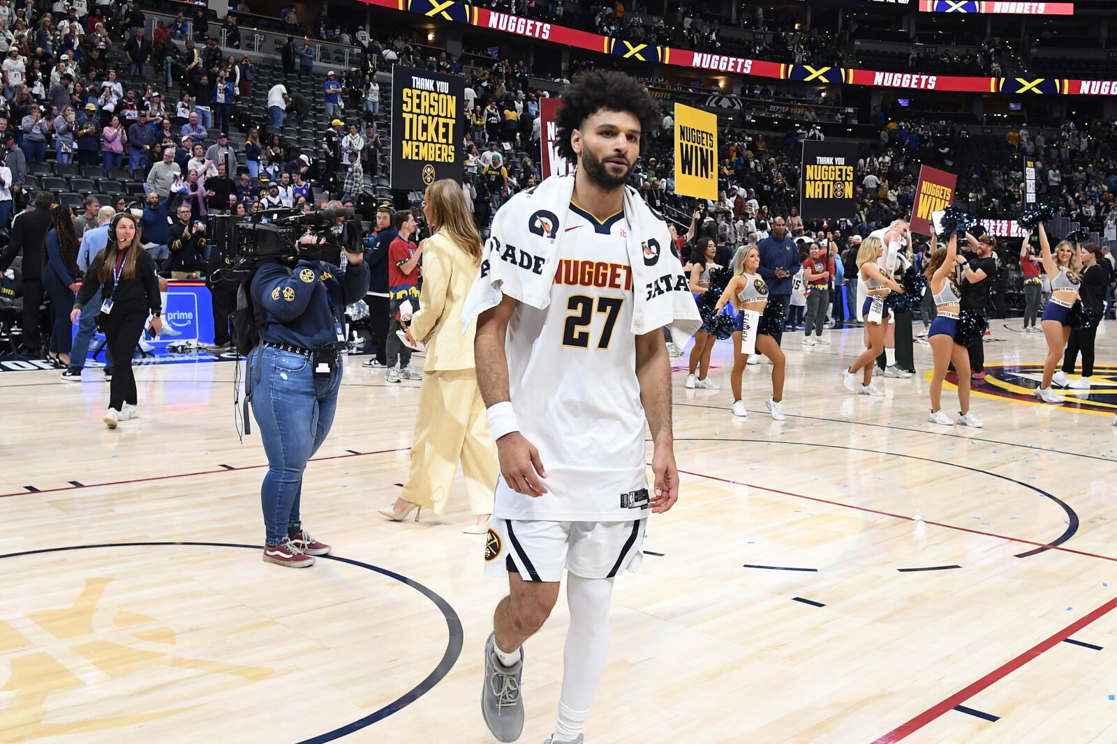 Apr 18, 2026; Denver, Colorado, USA; Denver Nuggets guard Jamal Murray (27) walks off the court after a win against the Minnesota Timberwolves in game one of the first round of the 2026 NBA Playoffs at Ball Arena.