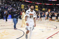 Apr 18, 2026; Denver, Colorado, USA; Denver Nuggets guard Jamal Murray (27) walks off the court after a win against the Minnesota Timberwolves in game one of the first round of the 2026 NBA Playoffs at Ball Arena.