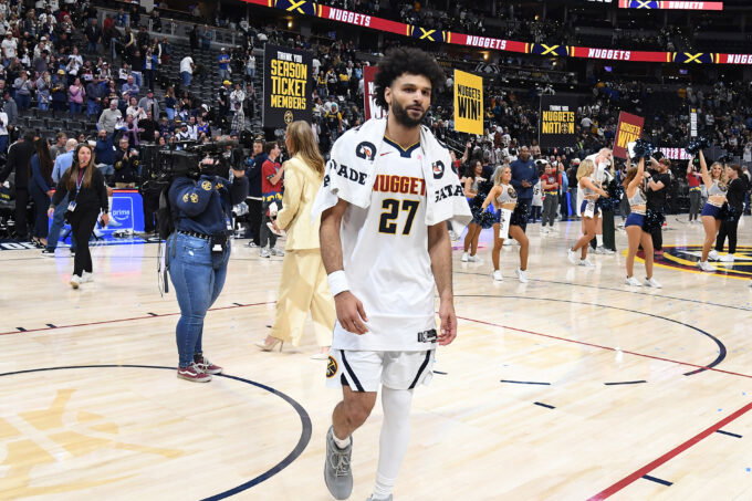 Apr 18, 2026; Denver, Colorado, USA; Denver Nuggets guard Jamal Murray (27) walks off the court after a win against the Minnesota Timberwolves in game one of the first round of the 2026 NBA Playoffs at Ball Arena.