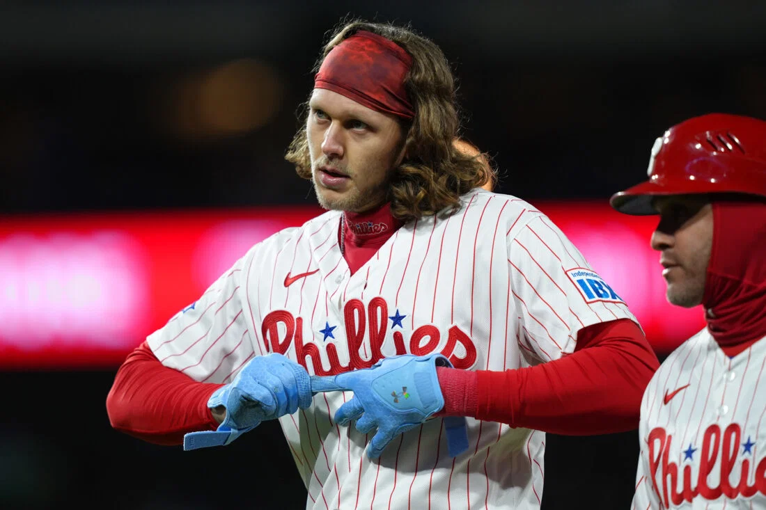 Apr 19, 2026; Philadelphia, Pennsylvania, USA; Philadelphia Phillies infielder Alec Bohm (28) reacts against the Atlanta Braves in the sixth inning at Citizens Bank Park. Mandatory Credit: Kyle Ross-Imagn Images