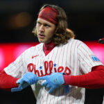Apr 19, 2026; Philadelphia, Pennsylvania, USA; Philadelphia Phillies infielder Alec Bohm (28) reacts against the Atlanta Braves in the sixth inning at Citizens Bank Park. Mandatory Credit: Kyle Ross-Imagn Images