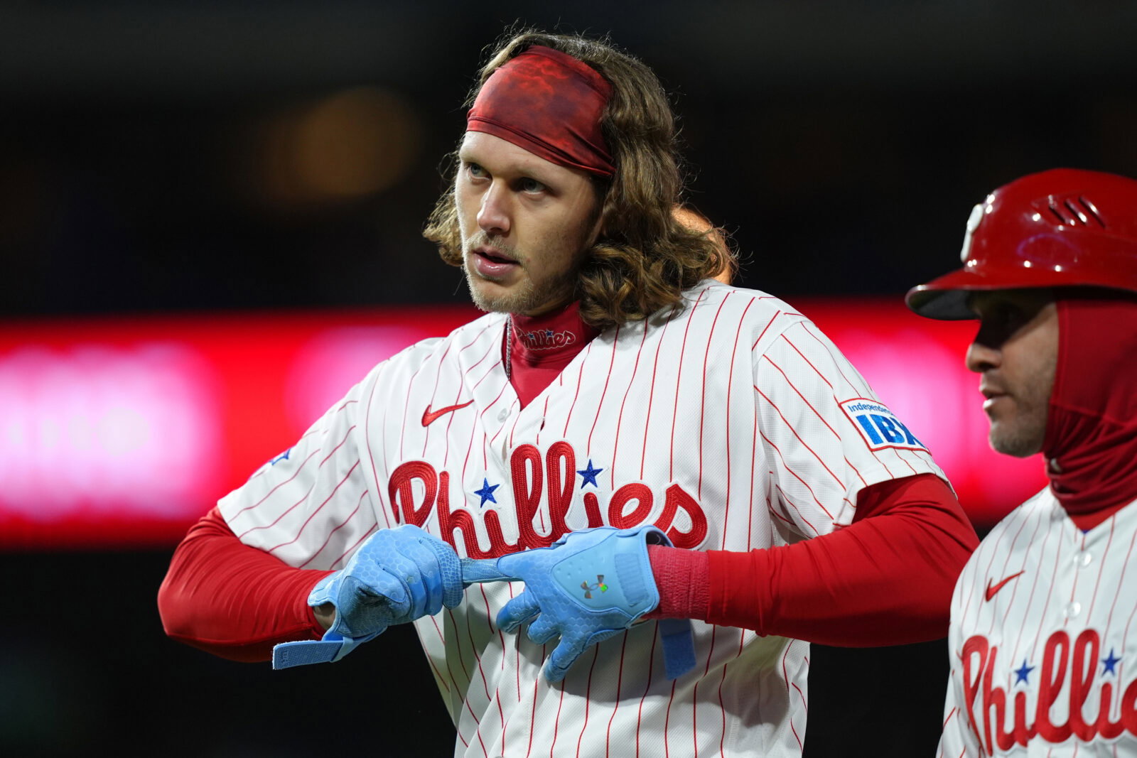 Apr 19, 2026; Philadelphia, Pennsylvania, USA; Philadelphia Phillies infielder Alec Bohm (28) reacts against the Atlanta Braves in the sixth inning at Citizens Bank Park. Mandatory Credit: Kyle Ross-Imagn Images