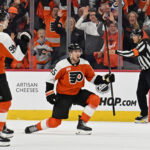 Apr 22, 2026; Philadelphia, Pennsylvania, USA; Philadelphia Flyers defenseman Rasmus Ristolainen (55) celebrates his goal with right wing Porter Martone (94) against the Pittsburgh Penguins during the second period in game three of the first round of the 2026 Stanley Cup Playoffs at Xfinity Mobile Arena. Mandatory Credit: Eric Hartline-Imagn Images