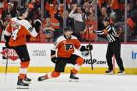 Apr 22, 2026; Philadelphia, Pennsylvania, USA; Philadelphia Flyers defenseman Rasmus Ristolainen (55) celebrates his goal with right wing Porter Martone (94) against the Pittsburgh Penguins during the second period in game three of the first round of the 2026 Stanley Cup Playoffs at Xfinity Mobile Arena. Mandatory Credit: Eric Hartline-Imagn Images