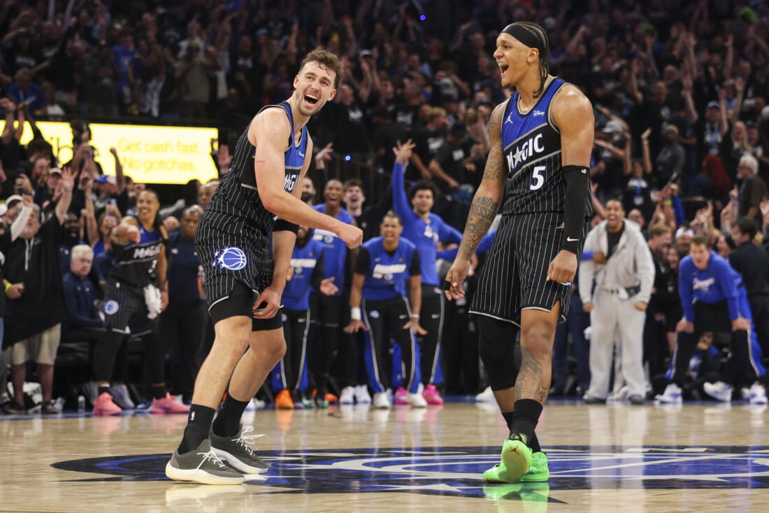 Apr 25, 2026; Orlando, Florida, USA; Orlando Magic forward Franz Wagner (22) reacts to a shot by forward Paolo Banchero (5) against the Detroit Pistons in the fourth quarter during game three of the first round of the 2026 NBA Playoffs at Kia Center. Mandatory Credit: Nathan Ray Seebeck-Imagn Images