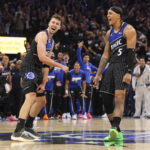 Apr 25, 2026; Orlando, Florida, USA; Orlando Magic forward Franz Wagner (22) reacts to a shot by forward Paolo Banchero (5) against the Detroit Pistons in the fourth quarter during game three of the first round of the 2026 NBA Playoffs at Kia Center. Mandatory Credit: Nathan Ray Seebeck-Imagn Images