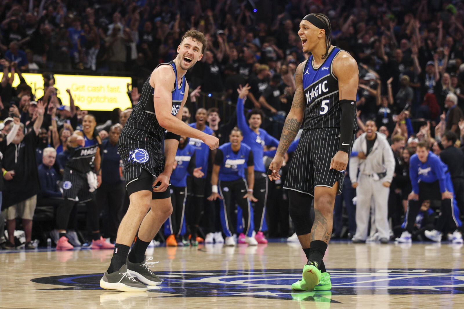 Apr 25, 2026; Orlando, Florida, USA; Orlando Magic forward Franz Wagner (22) reacts to a shot by forward Paolo Banchero (5) against the Detroit Pistons in the fourth quarter during game three of the first round of the 2026 NBA Playoffs at Kia Center. Mandatory Credit: Nathan Ray Seebeck-Imagn Images