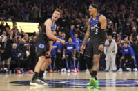 Apr 25, 2026; Orlando, Florida, USA; Orlando Magic forward Franz Wagner (22) reacts to a shot by forward Paolo Banchero (5) against the Detroit Pistons in the fourth quarter during game three of the first round of the 2026 NBA Playoffs at Kia Center. Mandatory Credit: Nathan Ray Seebeck-Imagn Images